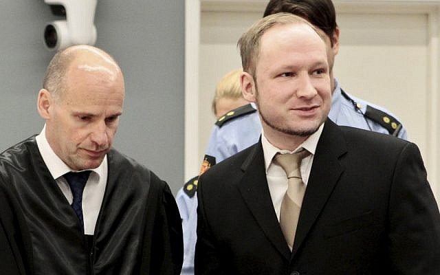 Accused Norwegian Anders Behring Breivik (right) and his defense lawyer in the courtroom on Monday (photo credit: Hakon Mosvold Larsen/AP)