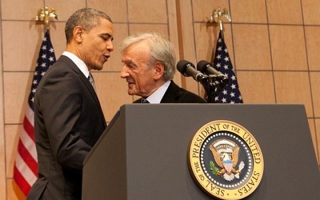 Then US president Barack Obama embraces Elie Wiesel before delivering a speech about the Holocaust and its meaning at the US Holocaust Memorial Museum, April 23, 2012. (Courtesy USHMM/JTA) Then US president Barack Obama embraces Elie Wiesel before delivering a speech about the Holocaust and its meaning at the US Holocaust Memorial Museum, April 23, 2012. (Courtesy USHMM/JTA)