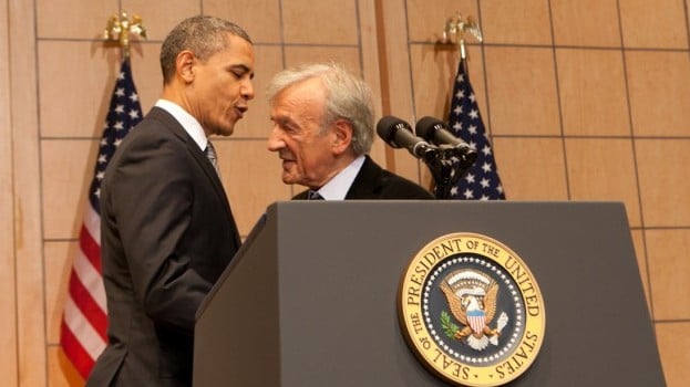 President Obama embraces Elie Wiesel before delivering a speech about the Holocaust and its meaning at the US Holocaust Memorial Museum, April 23, 2012. (photo credit: Courtesy USHMM/JTA) President Obama embraces Elie Wiesel before delivering a speech about the Holocaust and its meaning at the US Holocaust Memorial Museum, April 23, 2012. (photo credit: Courtesy USHMM/JTA)