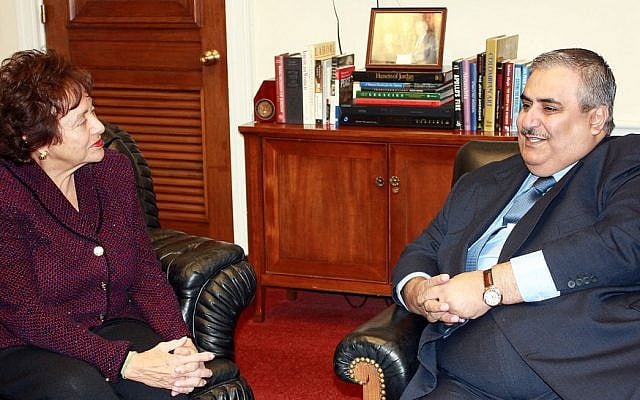 Rep. Nita Lowey, seen here meeting with Bahraini Foreign Minister Khalid bin Ahmed Al-Khalifa in Washington in February 2010. (Courtesy Bahrain Ministry of Foreign Affairs/JTA)