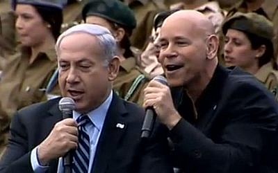Benjamin Netanyahu sings with Israeli superstar Rami Kleinstein at the President's Residence, April 26, 2012 (photo credit: screenshot from Shimon Peres' Facebook page) Benjamin Netanyahu sings with Israeli superstar Rami Kleinstein at the President's Residence, April 26, 2012 (photo credit: screenshot from Shimon Peres' Facebook page)