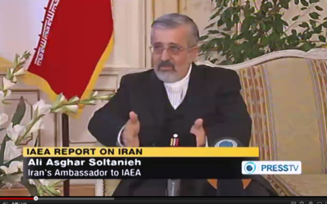 Ali Asghar Soltanieh, Iran's ambassador to the International Atomic Energy Agency, speaking about Iran's refusal to allow IAEA inspectors into key nuclear sites in February (photo credit: screen capture, YouTube)