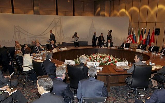 Iran's Chief Nuclear Negotiator Saeed Jalili and representatives of six world powers seen during day-long talks to discuss Iran's nuclear plans, in Istanbul, Saturday. (photo credit: AP/Tolga Adanali, pool)