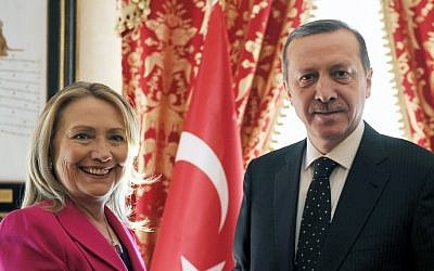 Turkey's Prime Minister Recep Tayyip Erdogan  with US Secretary of State Hillary Rodham Clinton earlier this year (photo credit: AP/Yasin Bulbul)