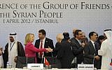 Hillary Clinton at the Friends of Syria conference in Istanbul in April. (photo credit: AP)