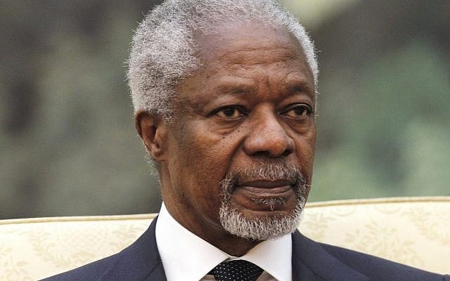 This is a March 27 photo of of former UN Secretary General Kofi Annan. Five years after handing over the reins of the UN, Annan is back on the front line trying to end the Arab Spring's longest and bloodiest conflict with diplomatic skills honed over half a century. (photo credit: AP/Lintao Zhang, Pool, File)