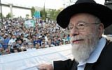 Illustrative: Rabbi Dov Lior speaks at a rally outside the Supreme Court in Jerusalem in July 2011 (photo credit: Nati Shohat/Flash90)