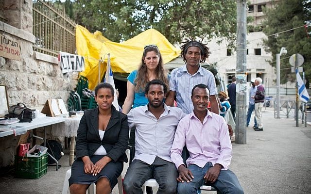 Young leaders of the Ethiopian anti-discrimination protest tent outside the Prime Minister's Residence in Jerusalem on April 15. (photo credit: Noam Moskowitz/Flash90)