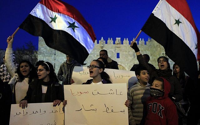 An anti-Assad rally at Jerusalem's Damascus Gate in February. (photo credit:Sliman Khader/Flash90) An anti-Assad rally at Jerusalem's Damascus Gate in February. (photo credit:Sliman Khader/Flash90)