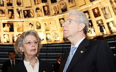 Italian Prime Minister Mario Monti and his wife Elsa earlier this year visited Yad Vashem's Hall of Names during his first trip to Israel since taking office (photo credit: Issac Harari/Flash90)