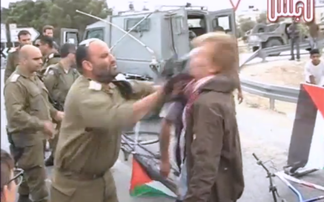 Lt.-Col. Shalom Eisner strikes a Danish protester with his rifle. (Screen capture/Youtube)