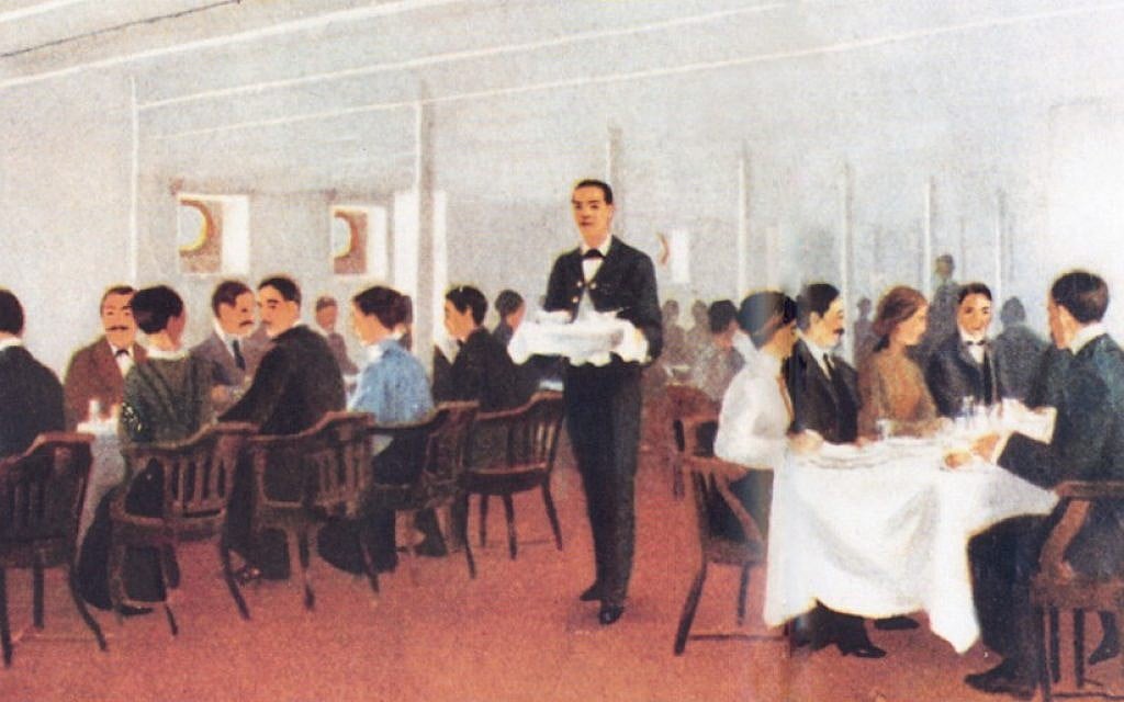 A color illustration of a portion of the third-class dining saloon on the Olympic and Titanic from a White Star Line publicity brochure. (photo credit: Titanic International Society Archives, Midland Park, N.J.) A color illustration of a portion of the third-class dining saloon on the Olympic and Titanic from a White Star Line publicity brochure. (photo credit: Titanic International Society Archives, Midland Park, N.J.)