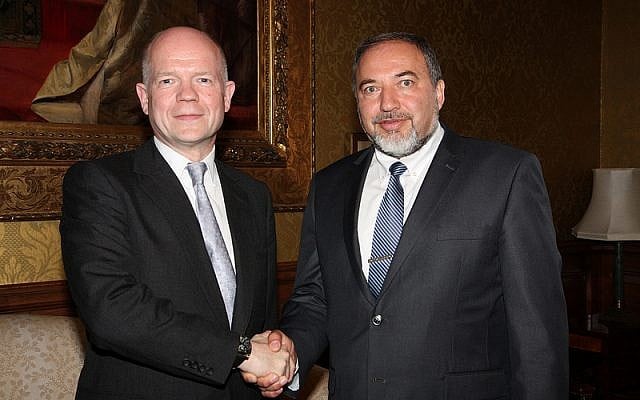 British Foreign Secretary William Hague meeting Israeli Foreign Minister Avigdor Liberman in London, 22 May 2012 (photo credit: CC BY Foreign and Commonwealth Office/Flickr) British Foreign Secretary William Hague meeting Israeli Foreign Minister Avigdor Liberman in London, 22 May 2012 (photo credit: CC BY Foreign and Commonwealth Office/Flickr)