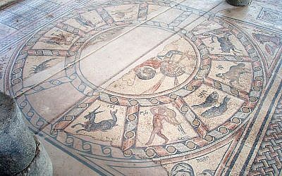 Zodiac mosaic floor at the Hammat Synagogue in Tiberias (photo credit: CC-BY-Bukvoed, Wikimedia Commons)