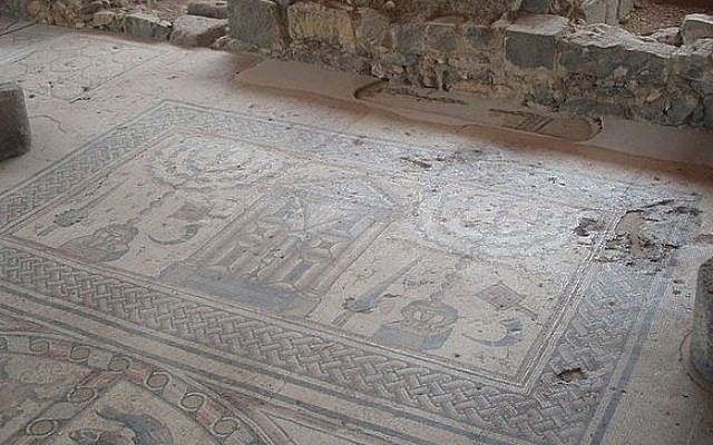 One of the mosaics damaged by vandals at Hammat. (File photo credit: CC-BB-SA/Bukvoed, Wikipedia Commons)