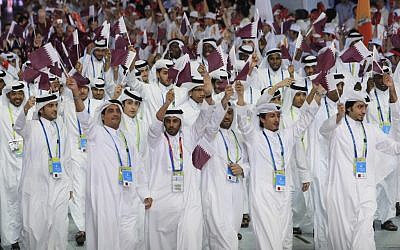 Athletes from Qatar march into the opening ceremony for the 16th Asian Games in Guangzhou, China (photo credit: AP/Wong Maye-E)