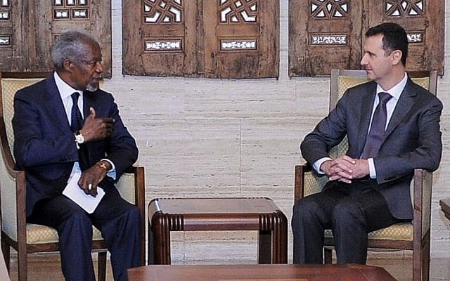 Syrian President Bashar Assad, right, meets with Kofi Annan, the UN-Arab League Joint Special Envoy for Syria, in Damascus last month. (photo credit: SANA/AP)