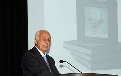 Ari Babaknia speaks at the book launch, held at the Museum of Tolerance in Los Angeles, for his four-volume Farsi-language book on the Holocaust. (photo credit: Ari Babaknia/JTA)