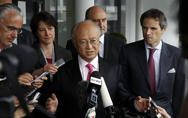 International Atomic Energy Agency Director General Yukiya Amano speaks to the media in May. (photo credit: AP/Ronald Zak) International Atomic Energy Agency Director General Yukiya Amano speaks to the media in May. (photo credit: AP/Ronald Zak)