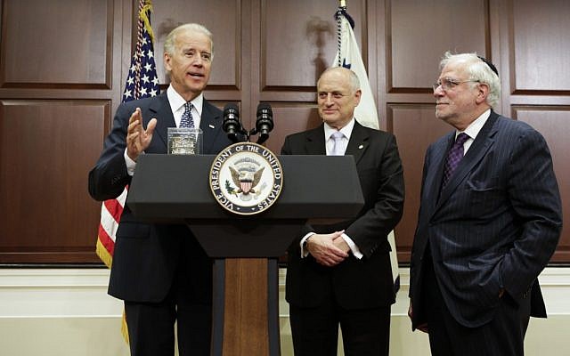 Vice President Joe Biden, left, speaking with Richard Stone, Chairman, and Malcolm Hoenlein, Executive Vice Chairman, of the Conference of Presidents of Major American Jewish Organizations, May 21, 2012. (Photo credit: Joshua Roberts) Vice President Joe Biden, left, speaking with Richard Stone, Chairman, and Malcolm Hoenlein, Executive Vice Chairman, of the Conference of Presidents of Major American Jewish Organizations, May 21, 2012. (Photo credit: Joshua Roberts)