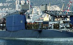 Navy sailors aboard a Dolphin-class submarine in Haifa in 2009 (photo credit: Moshe Shai/Flash90)