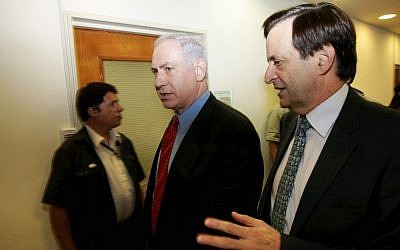 Meridor (foreground) and Netanyahu. (photo credit: Amit Shabi/PoolFlash90)