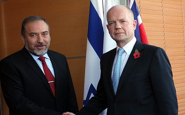 Foreign Minister Avigdor Liberman, left, meets with British Foreign Secretary William Hague in Jerusalem, in 2010 (photo credit: Yossi Zamir/Flash90) Foreign Minister Avigdor Liberman, left, meets with British Foreign Secretary William Hague in Jerusalem, in 2010 (photo credit: Yossi Zamir/Flash90)