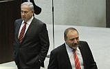 Prime Minister Benjamin Netanyahu, left, and Foreign Minister Avigdor Liberman pictured in the Knesset in 2011 (photo credit: Miriam Alster/Flash90)