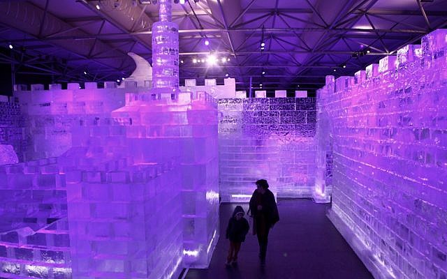A mother and son at the Jerusalem Ice Festival in February (photo credit: Kobi Gideon/Flash90)