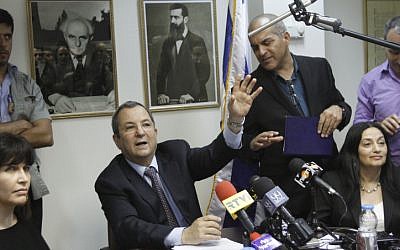 Defense Minister Ehud Barak, head of the Independence party, leads a party meeting in the Knesset in May (photo credit: Miriam Alster/Flash90)