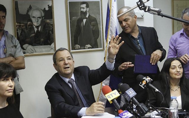 Defense Minister Ehud Barak, head of the Independence party, leads a party meeting in the Knesset in May (photo credit: Miriam Alster/Flash90)
