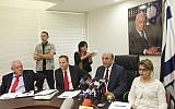 Kadima party leaders sit beneath a photo of former prime minister Ariel Sharon (photo credit: Miriam Alster/Flash90)