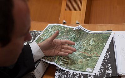 A map of Beit El during the court hearing of the Ulpana petition Sunday. (photo credit: Uri Lenz/Flash90)