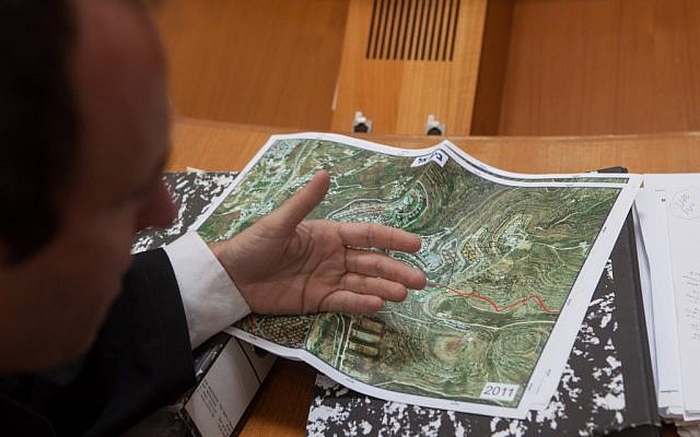 A map of Beit El during the court hearing of the Ulpana petition Sunday. (photo credit: Uri Lenz/Flash90)