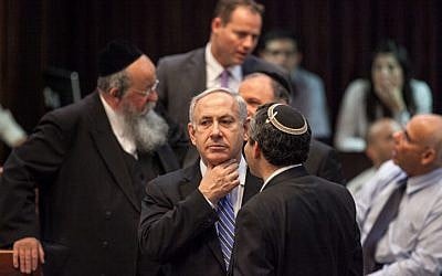 Prime minister Benjamin Netanyahu during a late night Knesset meeting Monday night (photo credit: Noam Moskowitz/Flash90)