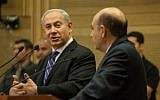 Bibi and Shaul Mofaz explaining their decision to create a unity government (photo credit: Uri Lenz/Flash90)