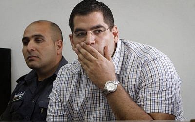 Daniel Maoz in the Jerusalem District court Monday, facing charges of murdering his parents in their home in the Ramot neighborhood of Jerusalem (photo credit: Miriam Alster/Flash90)