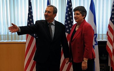 Defense Minister Ehud Barak meets with US Secretary of Homeland Security Janet Napolitano on Monday. (photo credit: Defense Ministry/Flash90)
