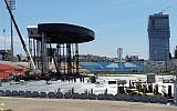The stage for Madonna's concert being built at Ramat Gan stadium last week (photo credit: Flash90)