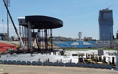 The stage for Madonna's concert being built at Ramat Gan stadium last week (photo credit: Flash90)
