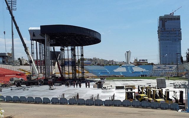 The stage for Madonna's concert being built at Ramat Gan stadium last week (photo credit: Flash90) The stage for Madonna's concert being built at Ramat Gan stadium last week (photo credit: Flash90)