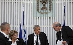 Vice Supreme Court President Eliezer Rivlin (center) flanked by Supreme Court President Asher Grunis (right) and Judge Edna Arbel (left) at a ceremony in honor of Rivlin's retirement from the Supreme Court (photo credit: David Vaaknin/Flash90)