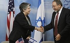 Foreign Minister Avigdor Lieberman and US Secretary of Homeland Security Janet Napolitano, at the Foreign Ministry in Jerusalem on Sunday (photo credit: Miriam Alster/Flash90)