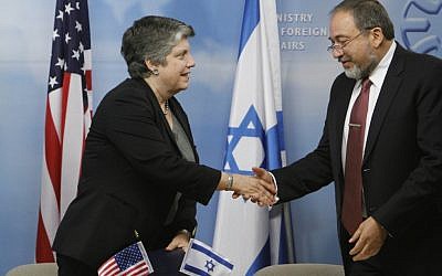 Foreign Minister Avigdor Lieberman and US Secretary of Homeland Security Janet Napolitano, at the Foreign Ministry in Jerusalem on Sunday (photo credit: Miriam Alster/Flash90)