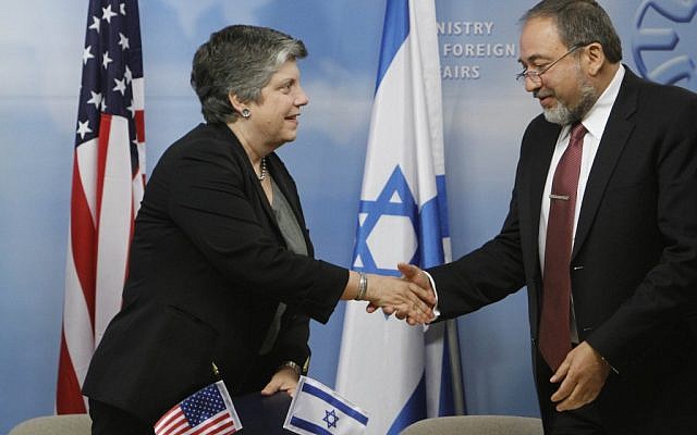 Foreign Minister Avigdor Lieberman and US Secretary of Homeland Security Janet Napolitano, at the Foreign Ministry in Jerusalem on Sunday (photo credit: Miriam Alster/Flash90) Foreign Minister Avigdor Lieberman and US Secretary of Homeland Security Janet Napolitano, at the Foreign Ministry in Jerusalem on Sunday (photo credit: Miriam Alster/Flash90)