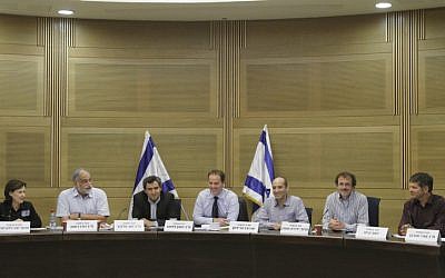 Members of the committee during the meeting earlier today (From left: Professor Yaffa Zilbershatz, MK David Rotem, MK Ze'ev Elkin, MK Yohanan Plesner, committee manager Aviad Friedman, Professor Yedidia Stern, and Yoav Kish) (Photo credit: Miriam Alster/ Flash 90)