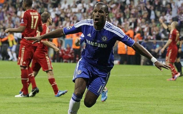 Chelsea's Didier Drogba celebrates after scoring during the Champions League final between Bayern Munich and Chelsea in Munich, Germany, on Saturday. (photo credit: AP/Frank Augstein)