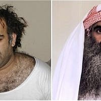 On the left, a March 1, 2003 photo obtained by AP shows Khalid Sheikh Mohammed, the alleged Sept. 11 mastermind, shortly after his capture during a raid in Pakistan. On the right, a photo downloaded from the Arabic language Internet site www.muslm.net purports to also show Khalid Sheik Mohammed in detention at Guantanamo Bay, Cuba. The picture was allegedly taken in July 2009 by the International Committee of the Red Cross and released only to the detainee's family (AP/www.muslm.net)
