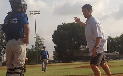 Former All-star catcher Brad Ausmus training junior members of the Israeli national team Wednsesday. Ausmus is in Israel as part of his new post as coach of the Israeli team for the World Baseball Classic tournament. (photo credit: Michal Shmulovich)