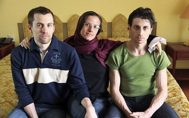 Former Iranian hostages Shane Bauer, left, Sarah Shourd, center, and Josh Fattal (photo credit: AP/Press TV)